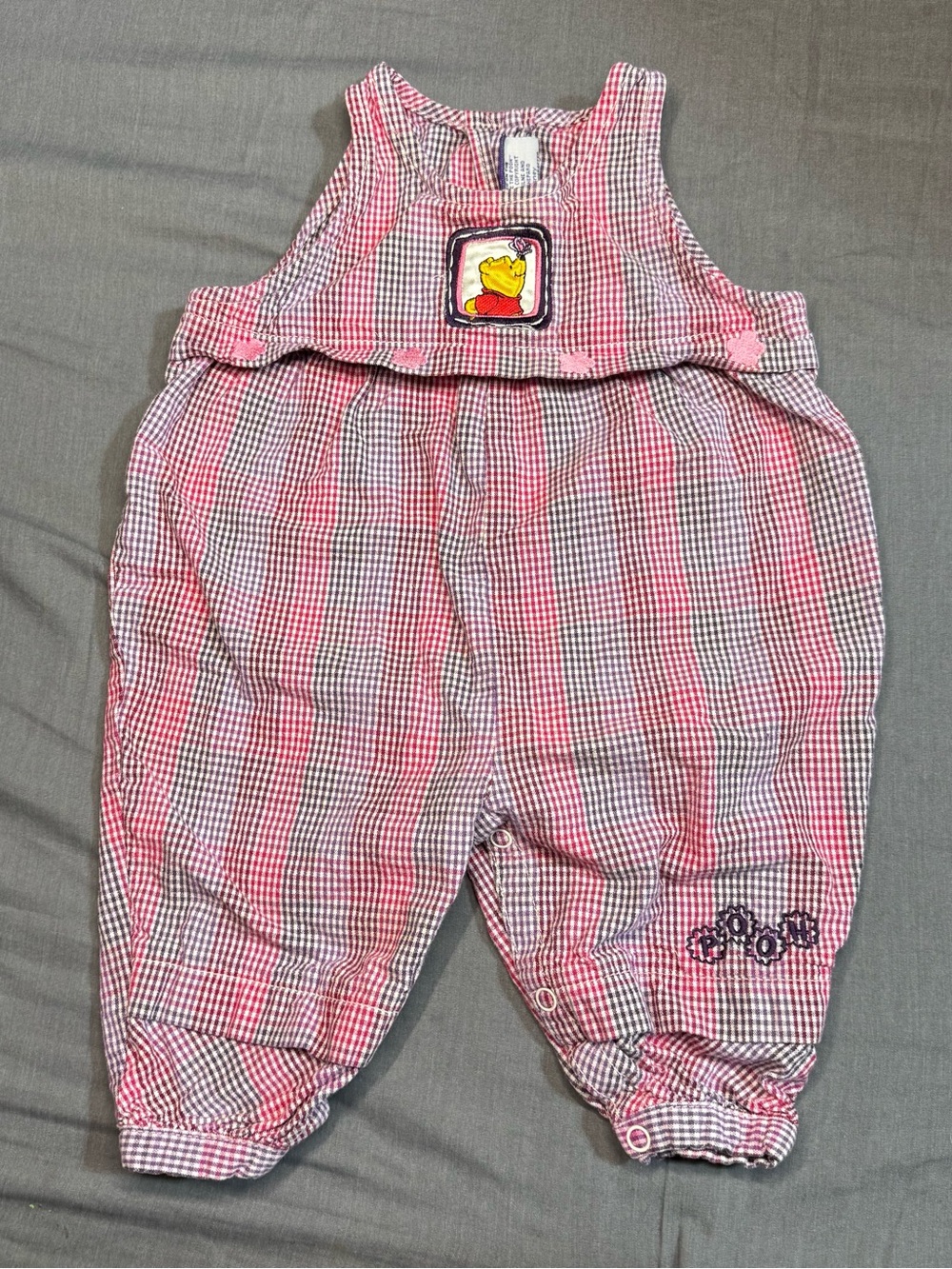 Vintage Pooh Pink Gingham Baby Overalls with Pooh Applique